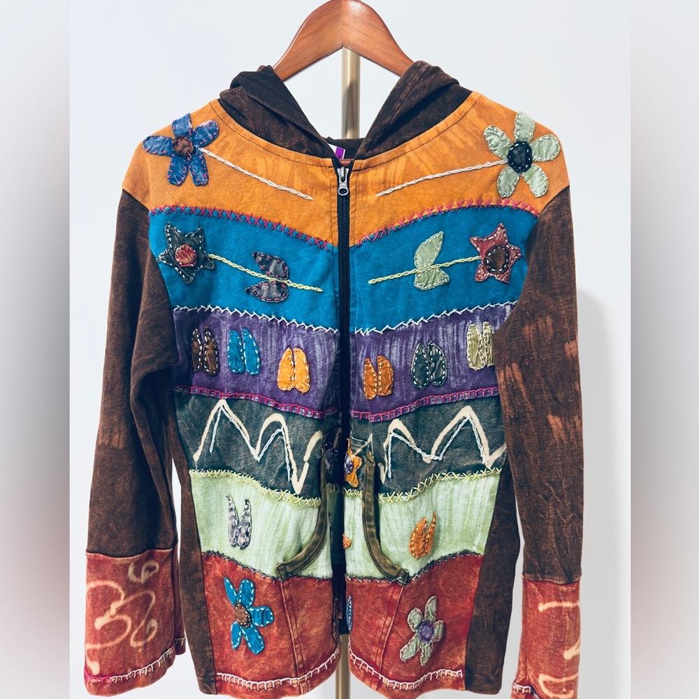 Nepal Patchwork Zip Front Hoodie Jacket Boho Hippie Medium
